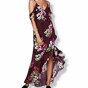 Express floral plum sleeveless maxi dress hibiscus flower wedding guest